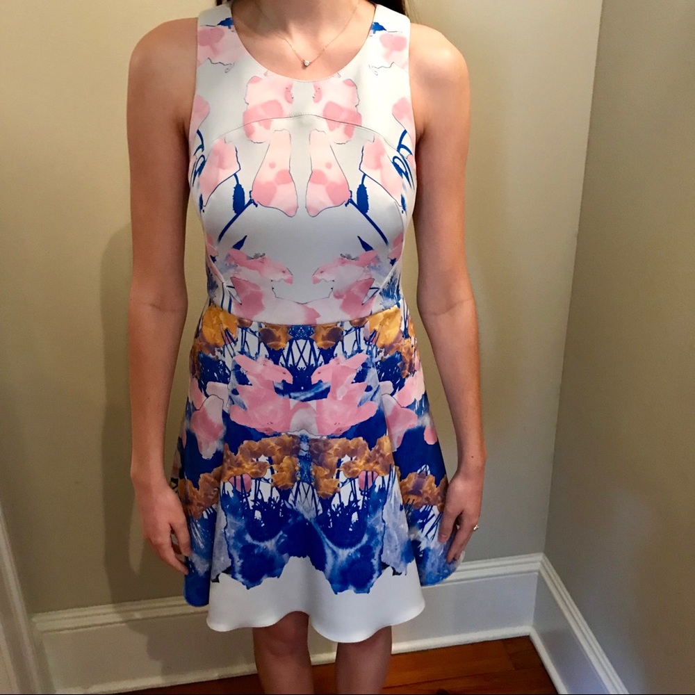 Hunter Bell abstract print, “scuba” material dress